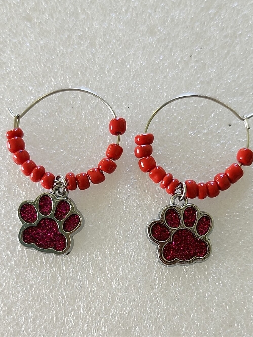 Hand Crafted Red Beaded Hoop Earrings with Glitter Paw Charms